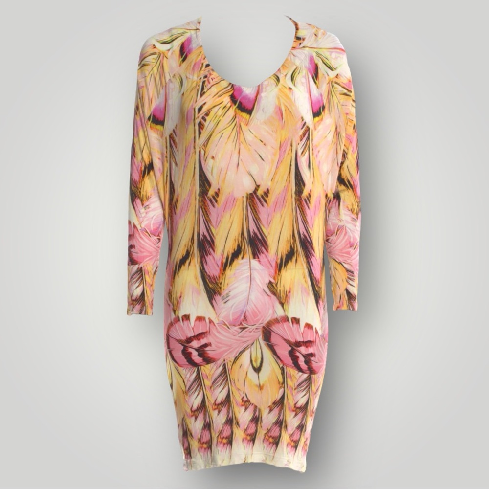 Roberto Cavalli Pink & Yellow Feather Printed Mini Dress 🎀